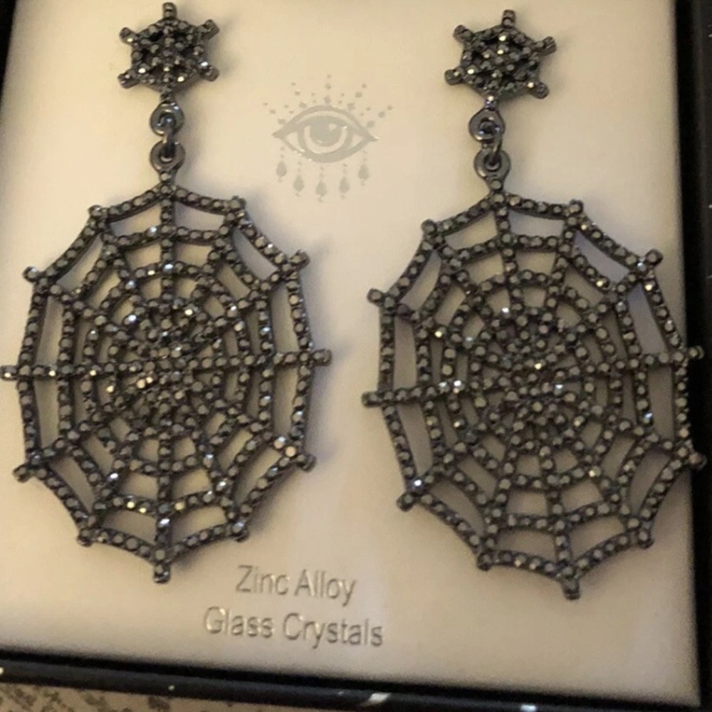 eye candy Los Angeles Gunmetal Tone Spider Web Drop Earrings Glass Crystal NIB